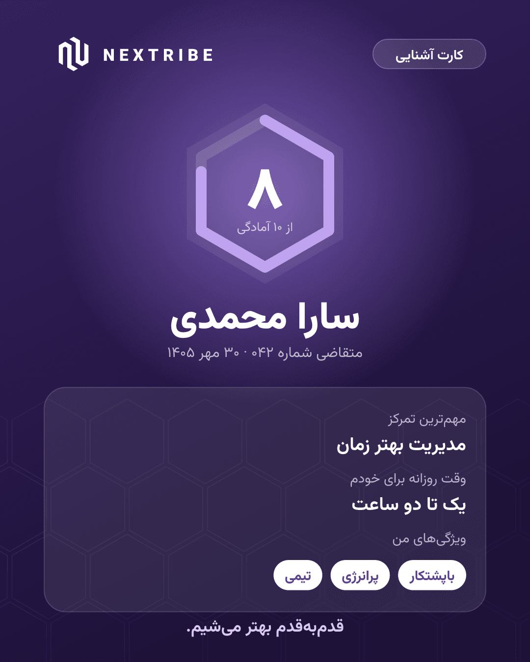 کارت آشنایی نمونه با امتیاز آمادگی و تمرکز اصلی